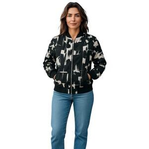 Womens Reversible Bomber Jacket S Black White Abstract Zip Up Ruched Sleeves